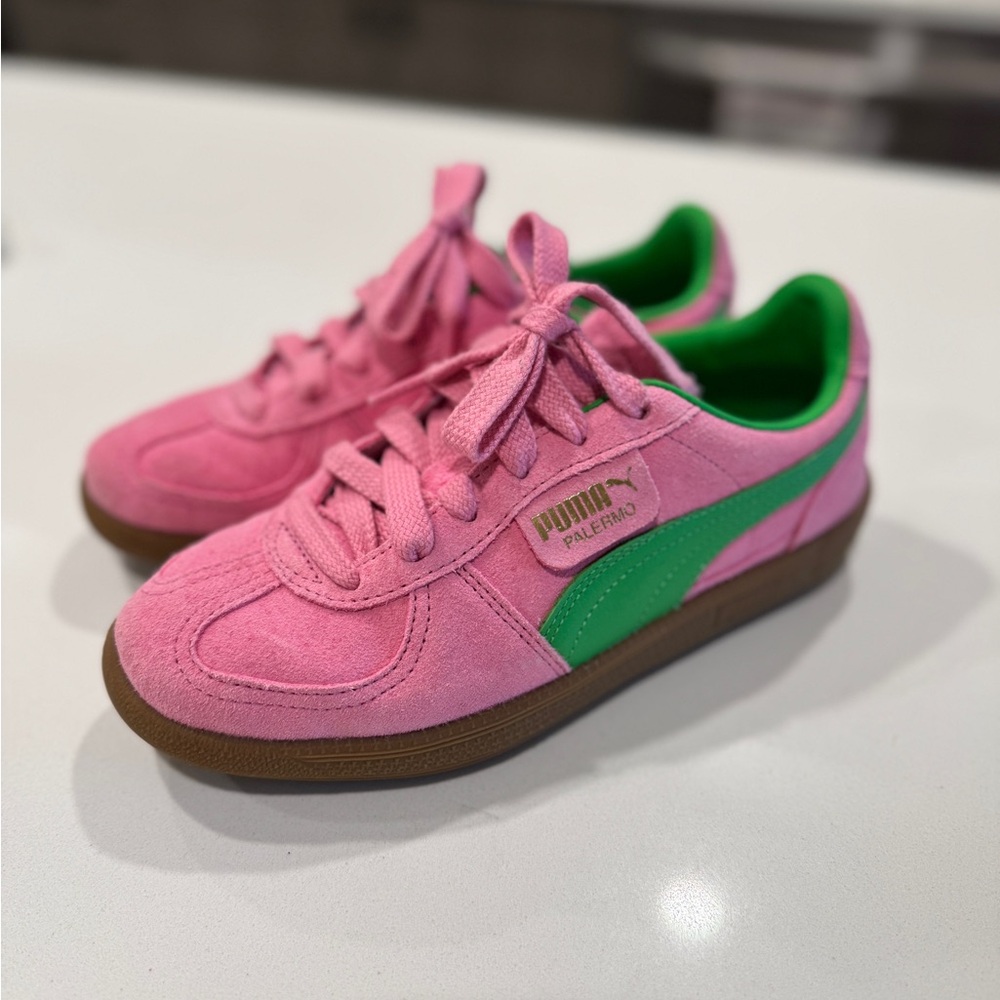 Puma Pink and Green Suede Sneakers with Low-Top Design